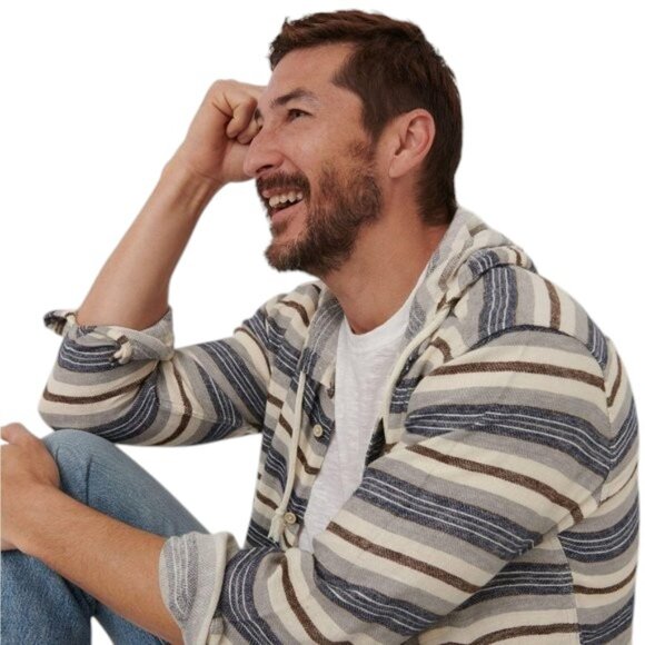 Lucky Brand Baja Stripe Long Sleeve Hoodie Shirt Linen Blend Men's Size M NEW - Picture 3 of 5